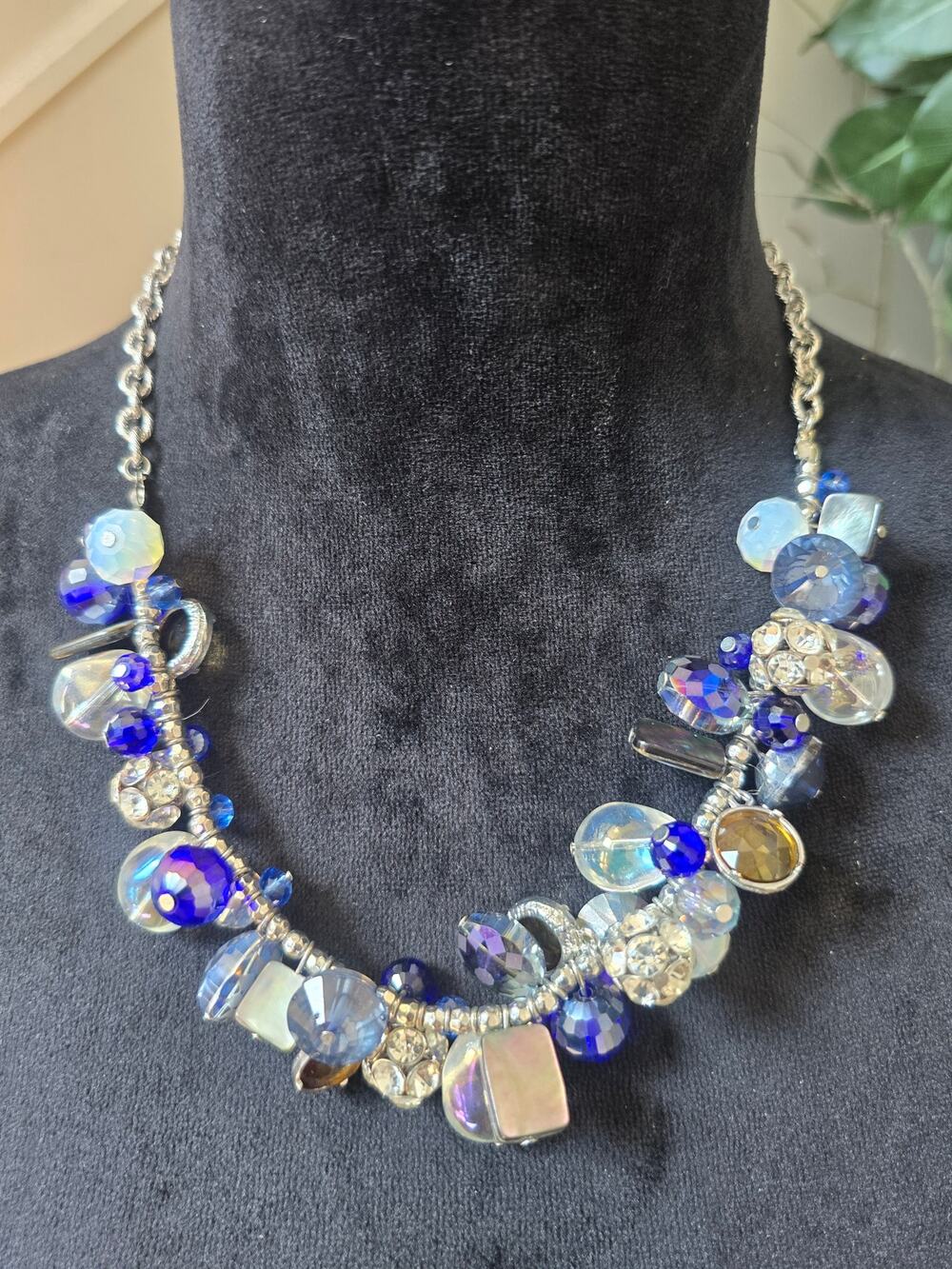 Silver Tone Blue Clear Crystal Cluster Statement Necklace